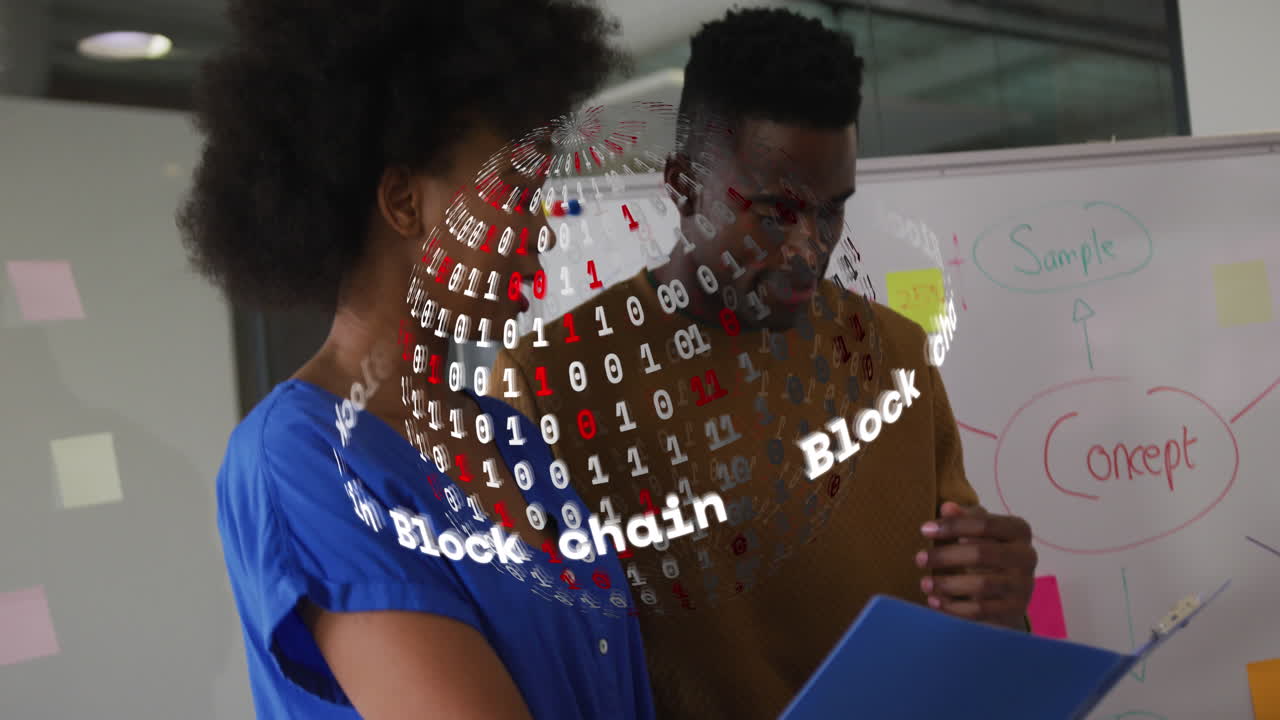 Animation of blockchain text over spinning globe against diverse man and woman discussing at office