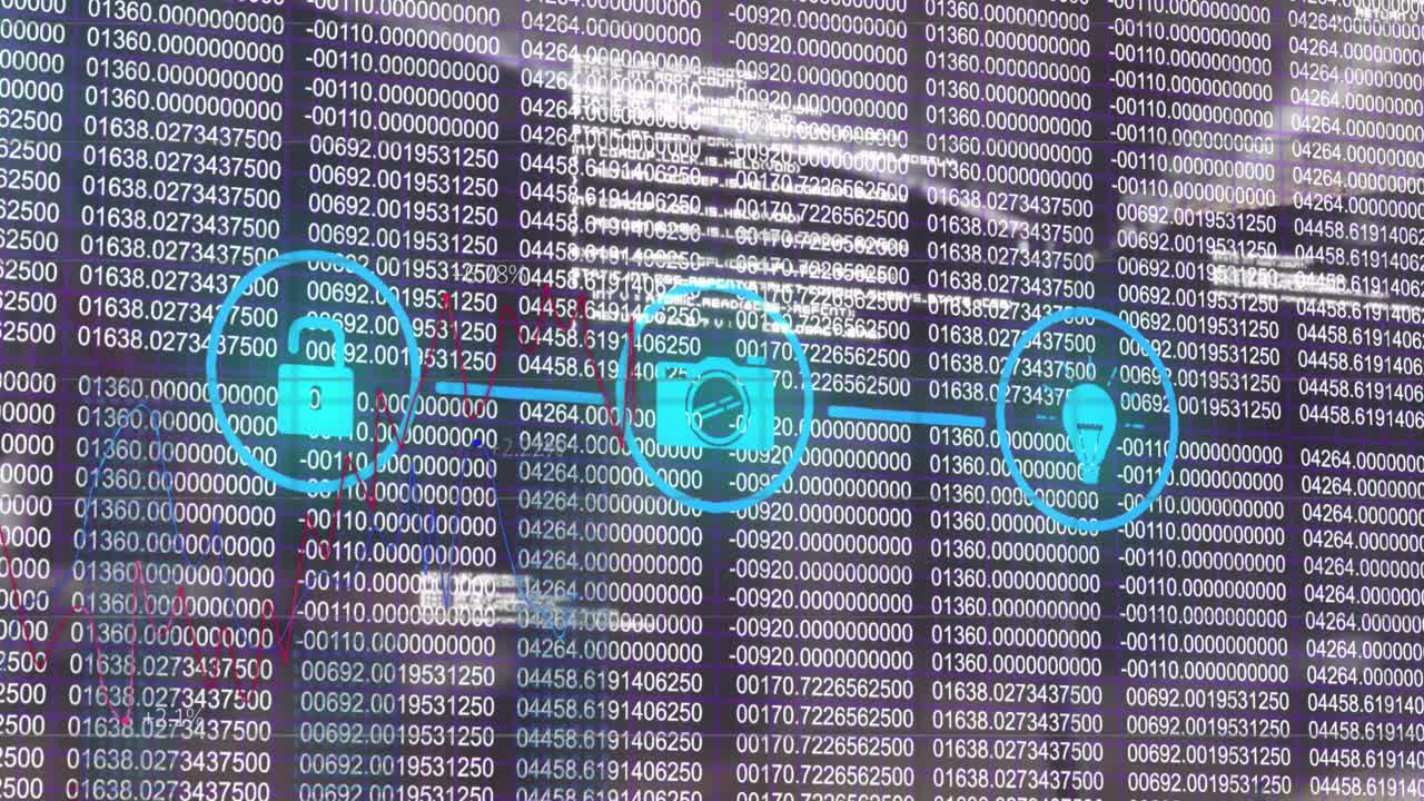 Animation of financial data processing and network of connections with icons