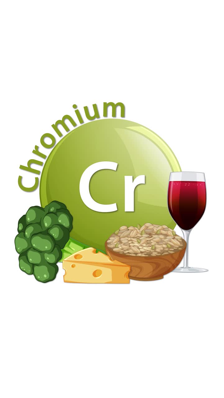 Un simbolo di cromo verde si anima con testo e illustrazioni di cibo, inclusi broccoli, formaggio, cereali e vino rosso, su uno sfondo bianco pulito