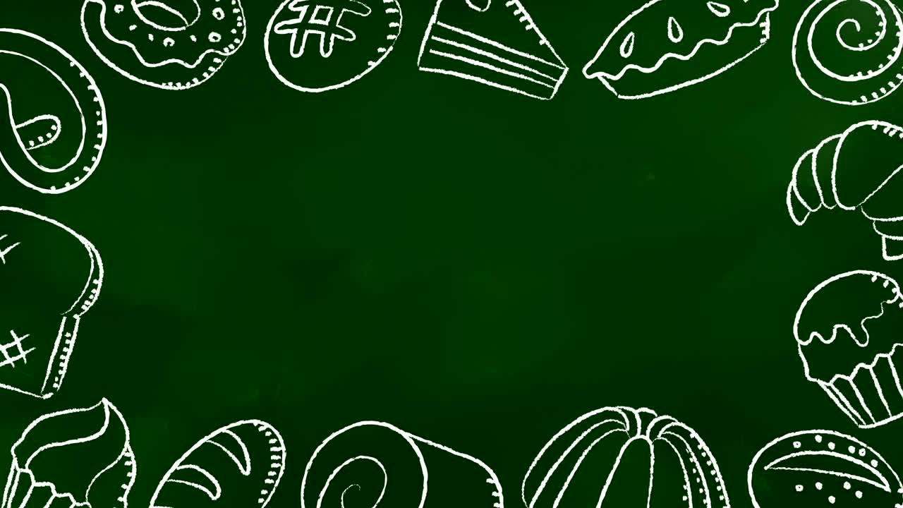 베이커리 움직이는 프레임 패턴 배경 만화 손 크레이드 그림 윤 스트로크 일러스트레이션 녹색 칠판 배경 원활한 루핑 애니메이션 4k, 중앙 복사 공간