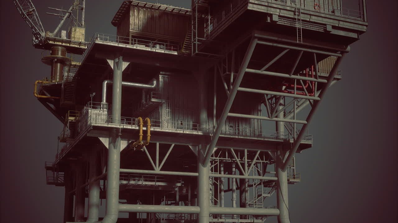 Offshore oil rig platform standing tall against a dark sky