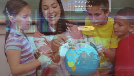 animación del procesamiento de datos sobre escolares y maestros que miran el globo en clase