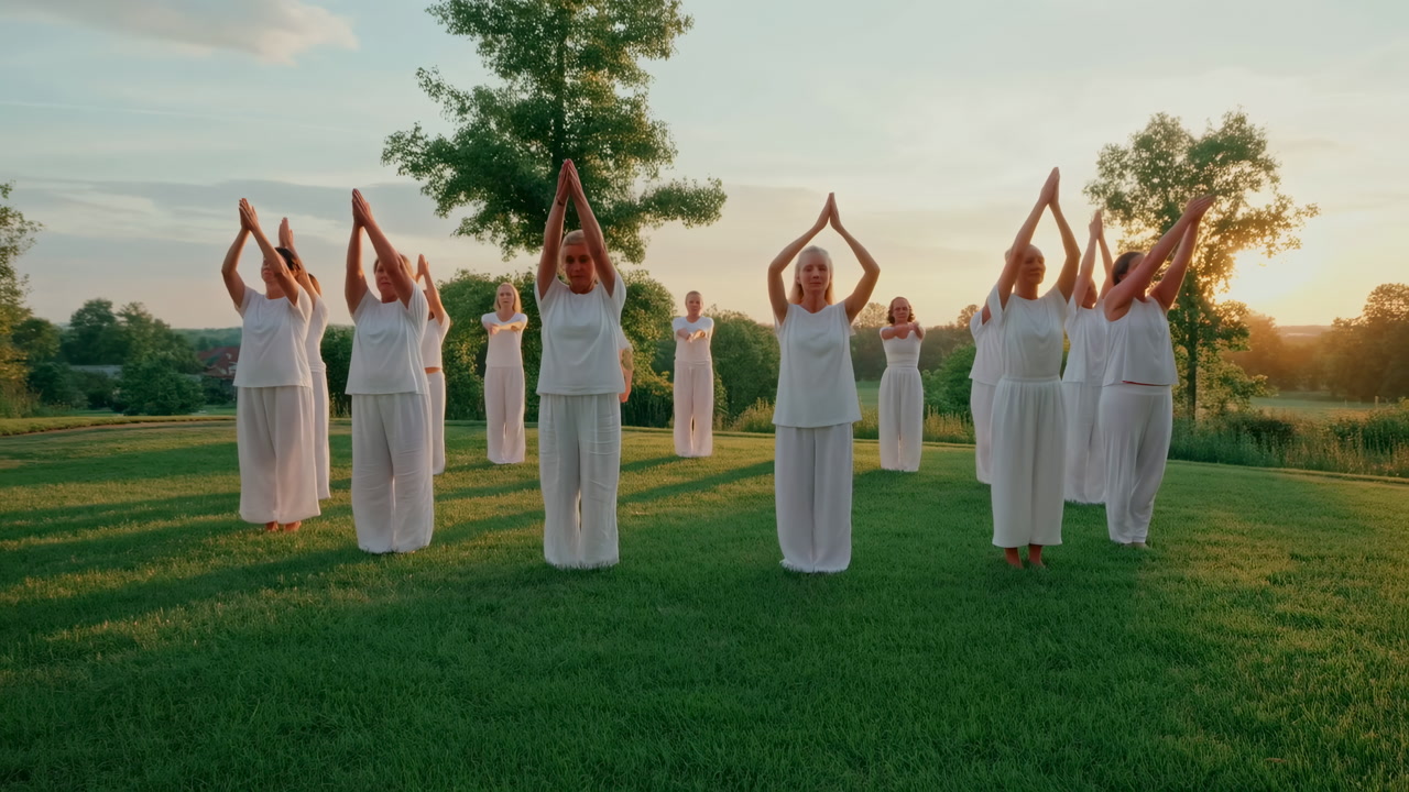 Women Practicing Synchronized Meditation Outdoors In Meadow At Golden Hour, Group Of Adults In Flowing White