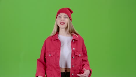 woman in red outfit talking