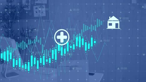 animation of digital icons and financial data processing against computer on office desk