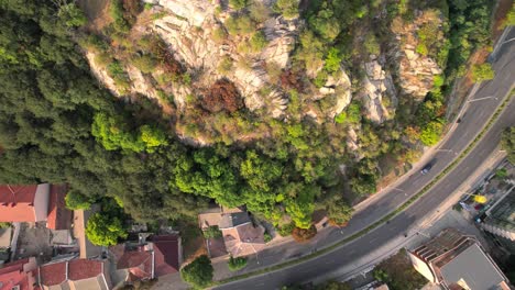 Aerial-drone-shot-of-Plovdiv-Old-town,-Bulgaria-[landmarks:-Roman-theatre-of-Philippopolis,-Djumaya-Mosque,-Clock-Tower-Часовникова-кула