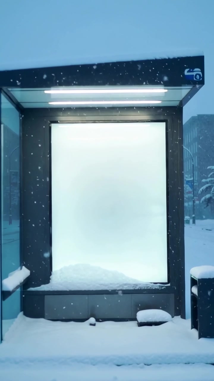 Vídeo vertical: Forte nevasca começando, abrigo de ônibus acumulando neve no banco, na beirada, luzes acesas