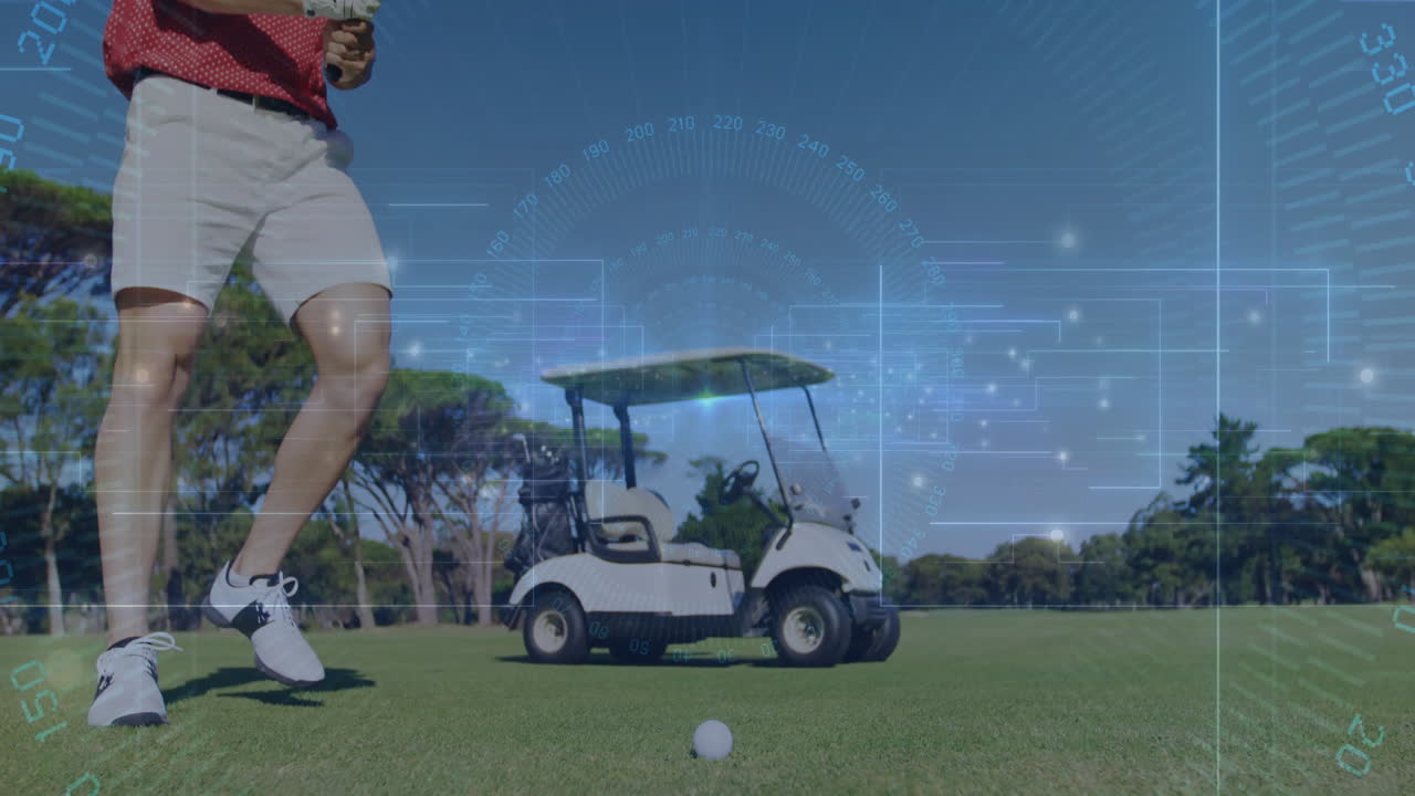 Male golfer lining up shot on golf course fairway, showcasing technology HUD overlay graphics