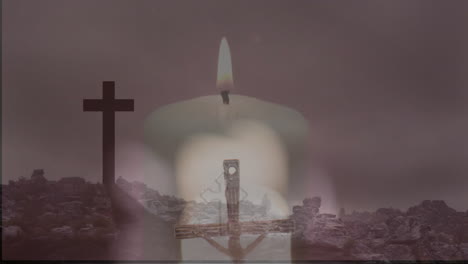 memorial scene unfolding with glowing candle flickering over rocky hill topped with crosses at dusk