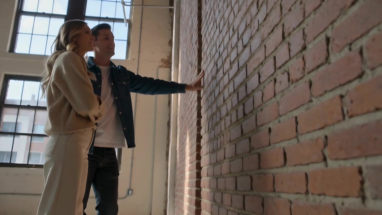 Homem iluminado pelo sol tocando tijolo exposto enquanto mulher de braços cruzados, discutindo reforma em loft.