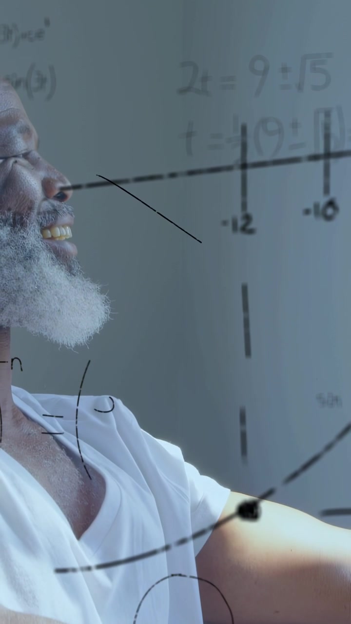 Vertical video: Seated man turning to glass, animated math overlays covering torso, showing concept