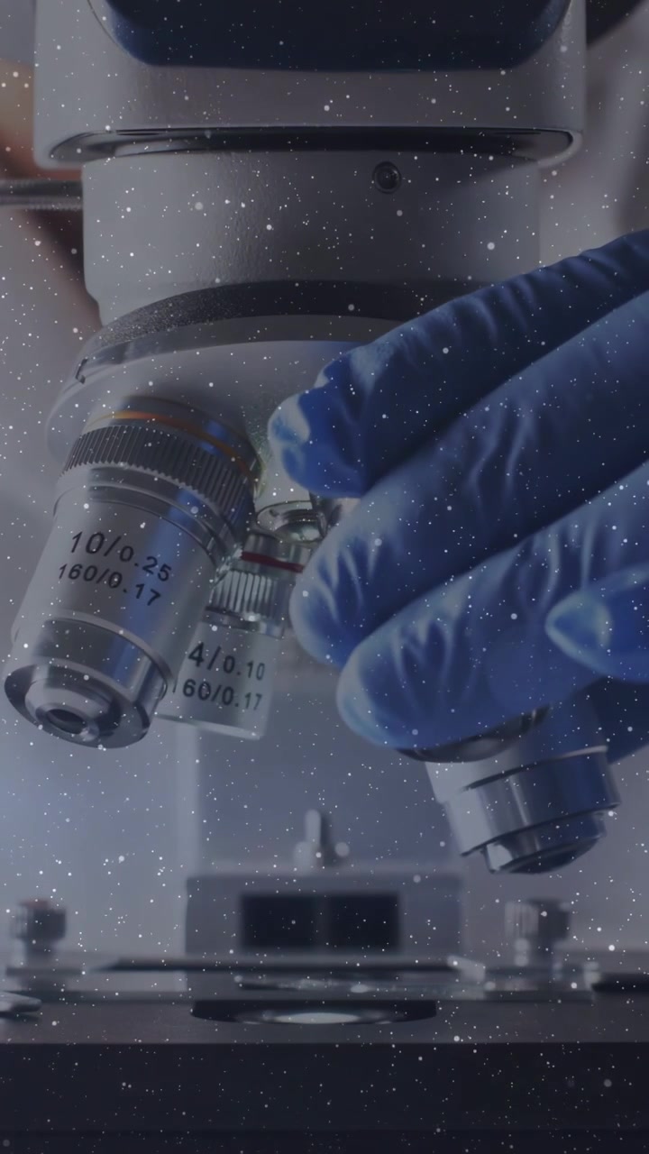 Vertical video: Lab tech gloved hand entering, rotating turret, changing lenses over slide for QC