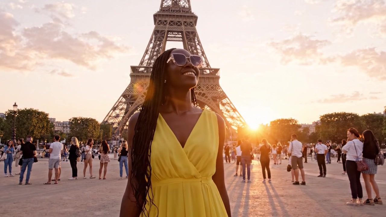 Una bella donna in un abito giallo svolazzante posa con grazia di fronte all'iconica Torre Eiffel, immersa nel caldo bagliore di un tramonto, circondata da turisti e un'energia vibrante.
