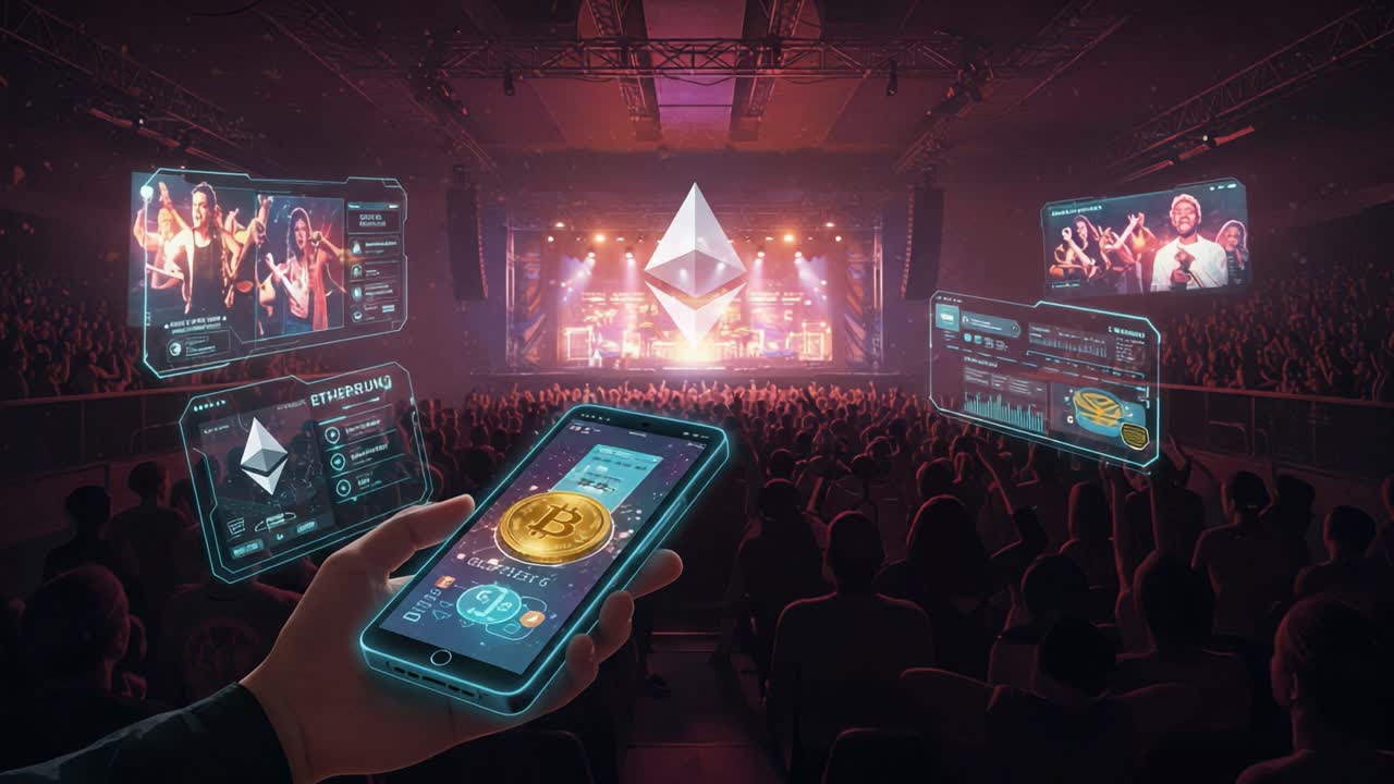 A Spectacular Concert Experience Merges Music with Cryptocurrency, Showcasing Dazzling Visuals and Enthusiastic Crowds Engaged with Digital Currency Technology
