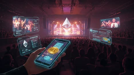 a spectacular concert experience merges music with cryptocurrency, showcasing dazzling visuals and enthusiastic crowds engaged with digital currency technology