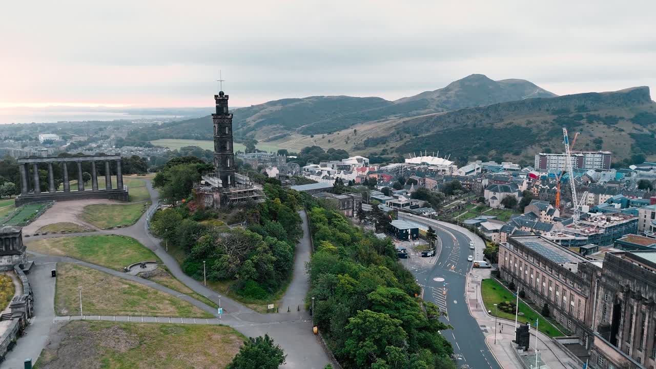 Aerial view of Edinburgh cityscape with Calton Hill and monuments