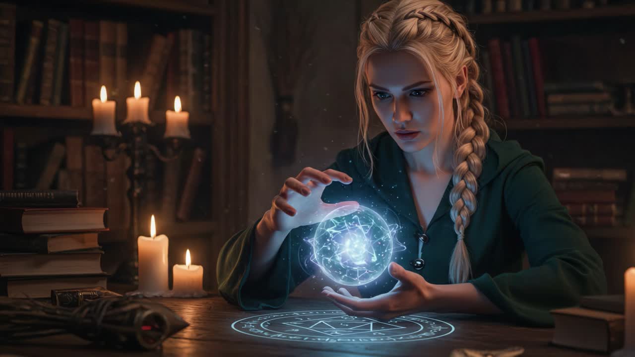A Mysterious Sorceress Engaged in Spellbinding Magic, Illuminated by Candles and Surrounded by Arcane Books, Creating Energy in a Darkened Library