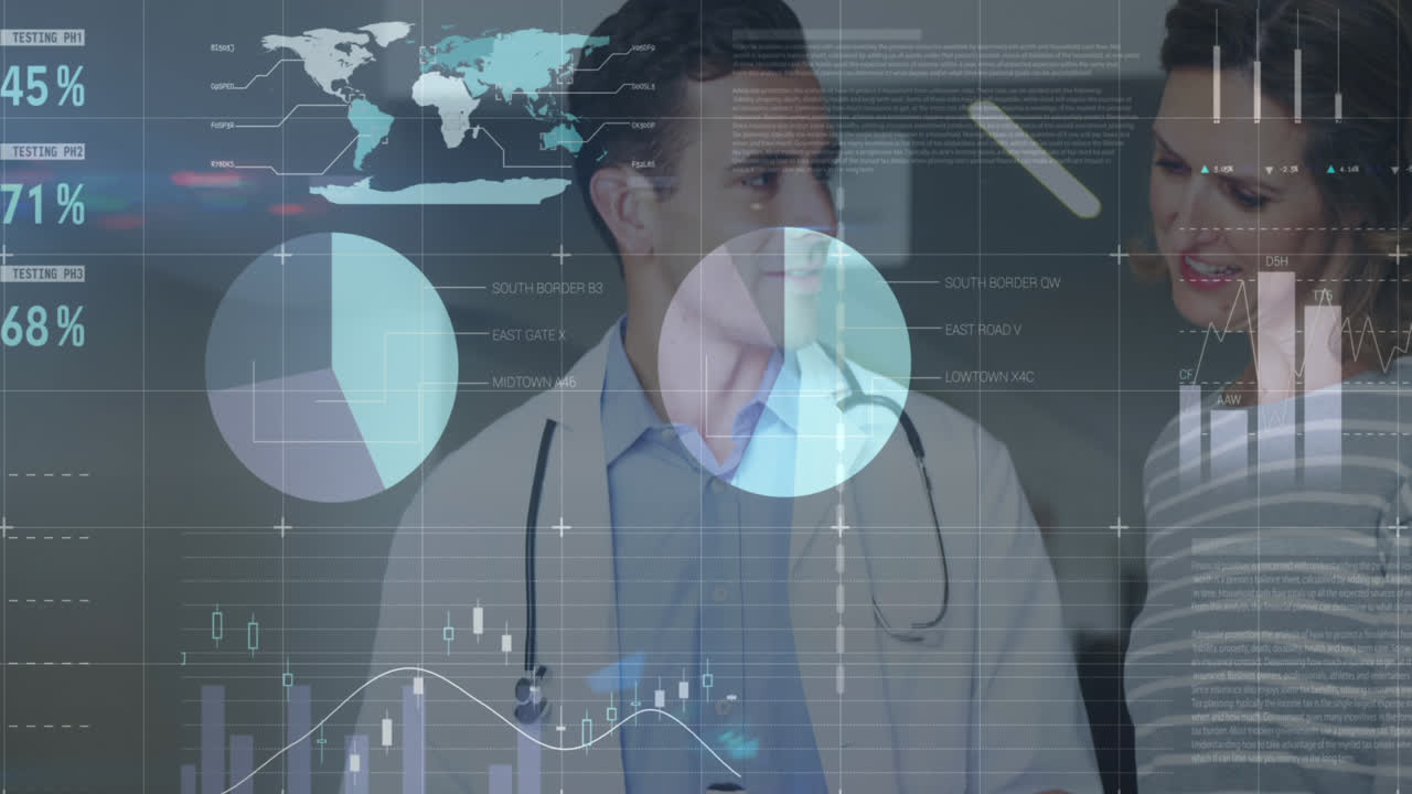 animación de estadísticas y procesamiento de datos sobre un médico y una paciente caucásicos