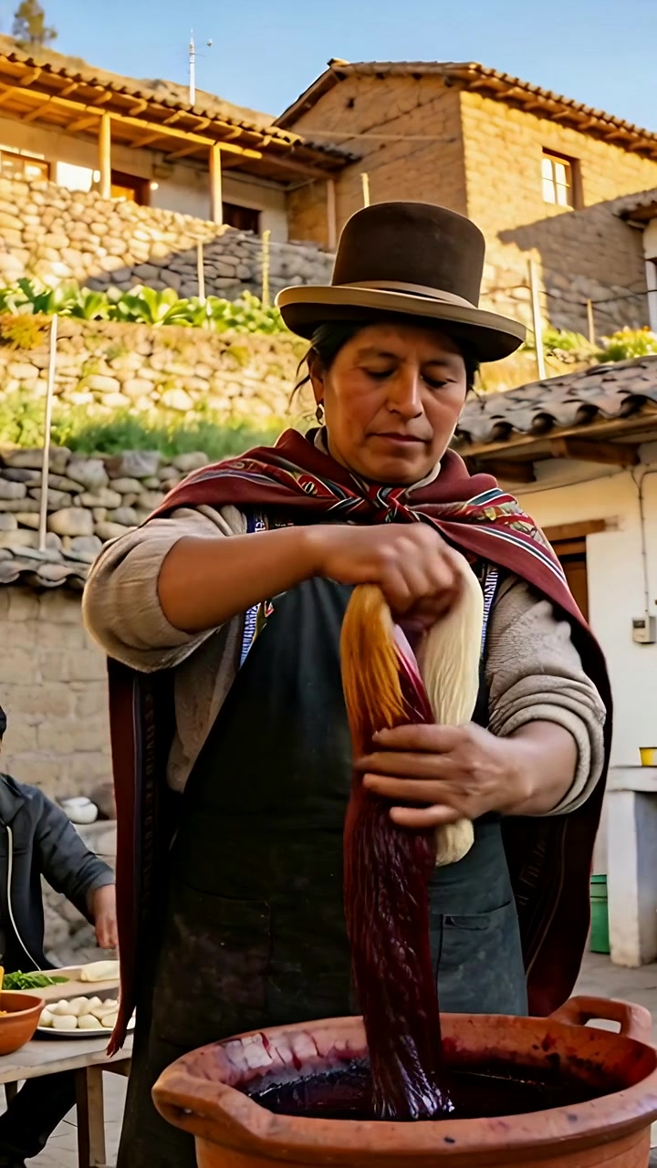 Video verticale: Tintore andino con scialle che immerge il filato in una pentola, sollevando e torcendo una matassa nel cortile per tessere.