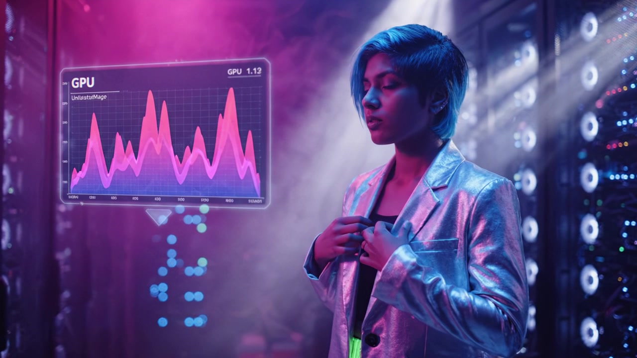 Eine futuristische Szene zeigt eine Person mit blauen Haaren in einer stylischen silbernen Jacke neben einer visuellen GPU-Leistungsgrafik, die fortschrittliche Technologie hervorhebt.