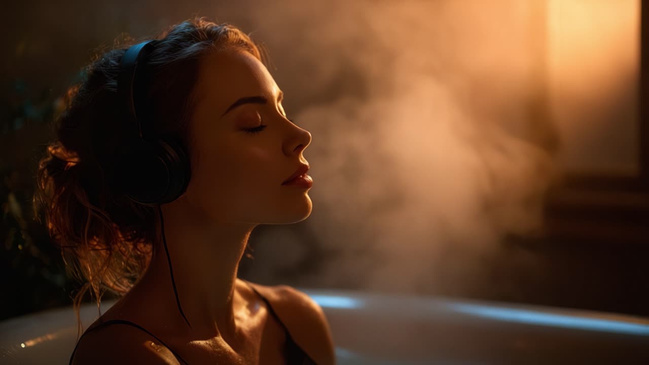 A Serene Moment of Relaxation: A Young Woman Enjoys a Calming Experience in a Bathtub Surrounded by Steam and Soft Lighting While Listening to Music