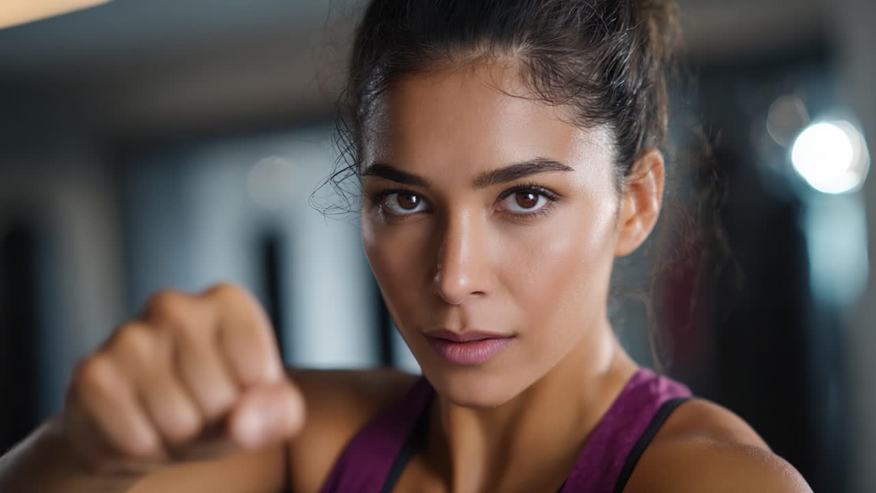 Empowered Female Athlete Engaging in Intense Training, Demonstrating Focus and Determination with a Powerful Punching Stance in a Dynamic Fitness Environment