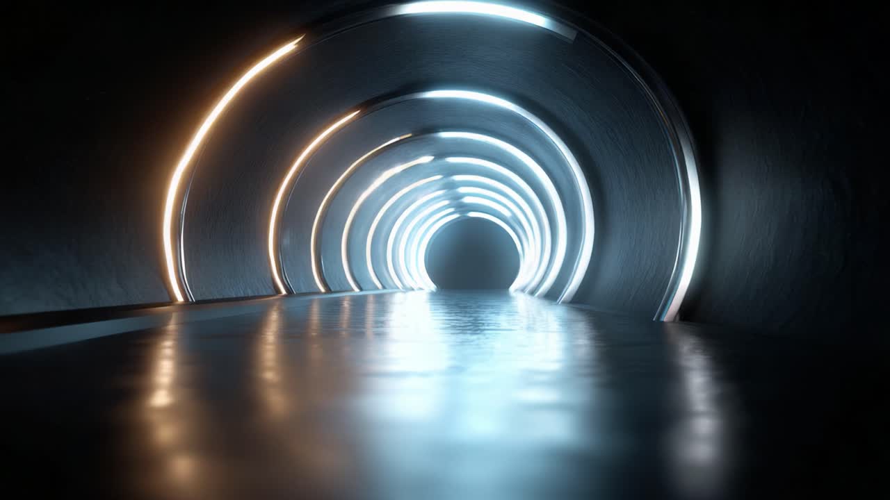 En glødende tunnel med cirkulære lyseffekter, der fremkalder en mystisk rejse gennem dybet af en underjordisk passage, og som oplyser vejen frem i mørket.