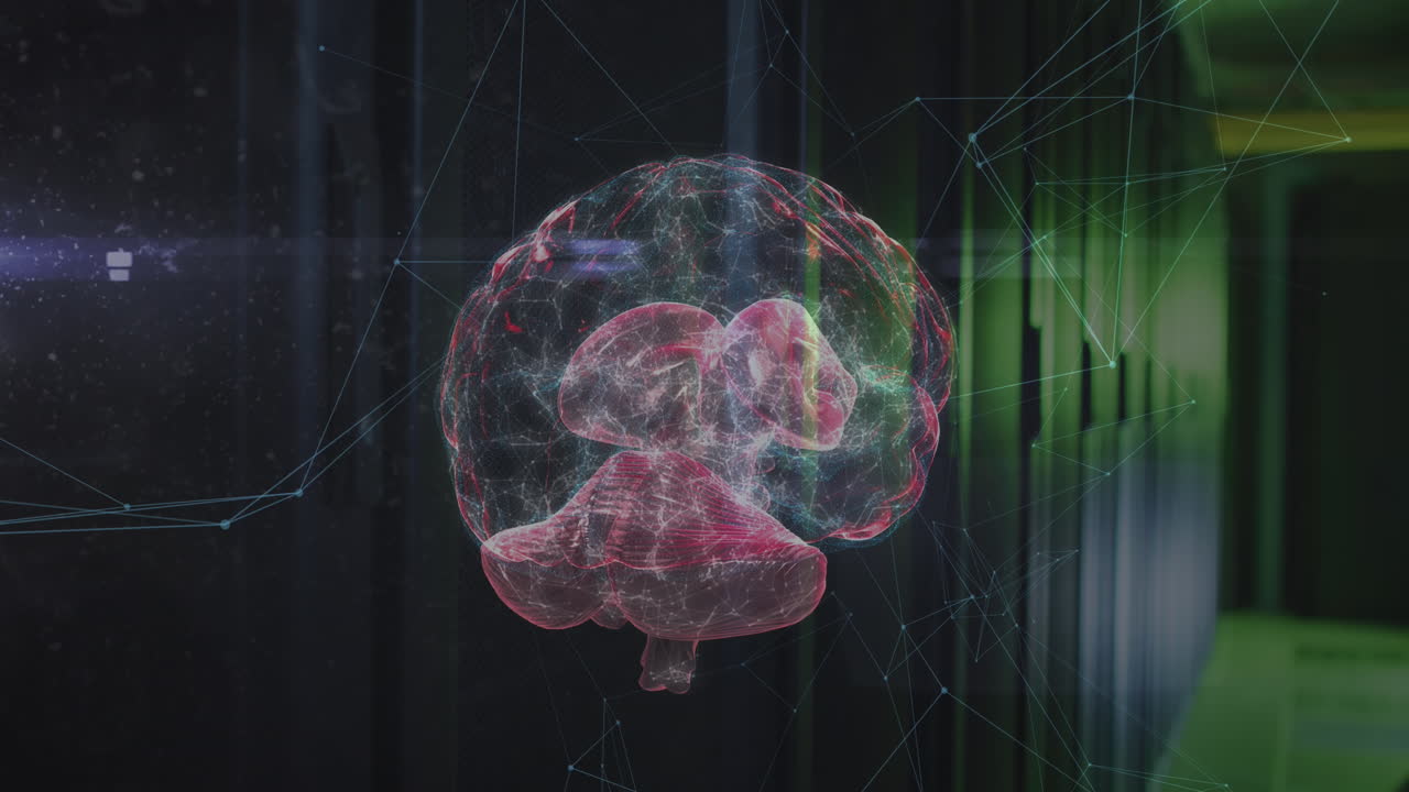 animación de la red de conexiones y cerebro sobre la sala de servidores