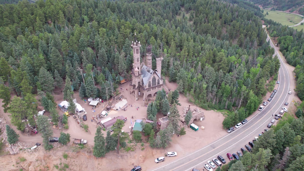 Aerial video of the Bishop Castle in Rye, Colorado. Camera rotates clockwise in point of interest style.