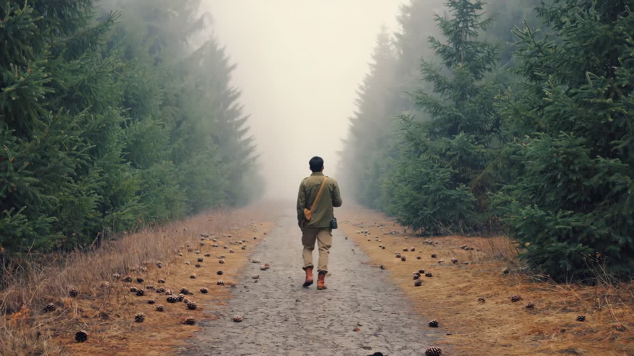 Photographer walking away along a winding path in a mysterious, misty forest, surrounded by towering pine trees and scattered pine cones on the damp ground, embracing nature's tranquility