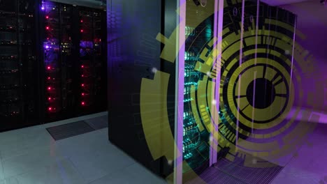 Animation-of-yellow-round-scanner-spinning-against-computer-server-room