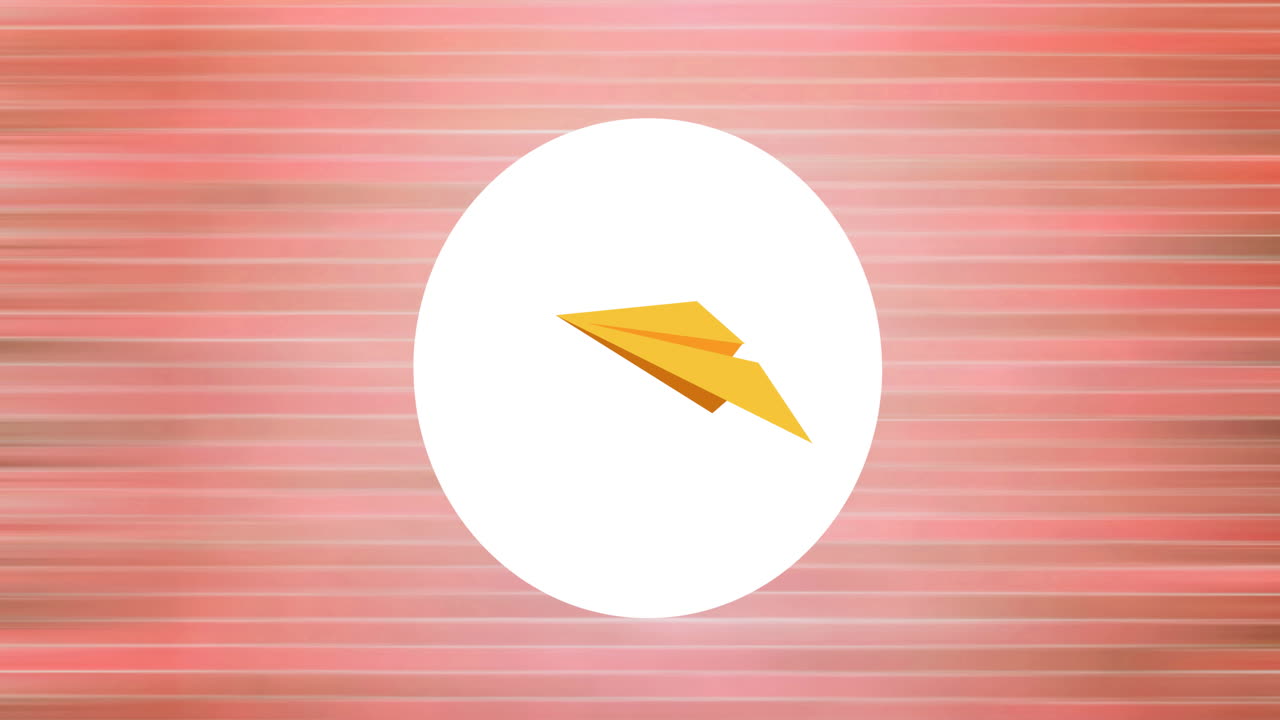 animación digital del icono de avión de papel sobre una bandera circular blanca contra un fondo rosado a rayas