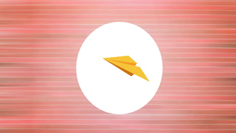 digitale animation eines papierflugzeug-icons über einem weißen kreisförmigen banner auf einem gestreiften rosa hintergrund