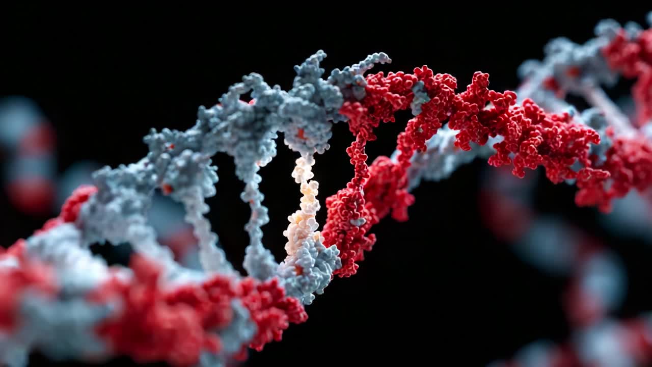 Exploring the Intricacies of DNA Structure: A Close-Up View of the Double Helix Featuring Colorful Nucleotide Chains in Red and Blue, Revealing the Complexity of Genetic Material