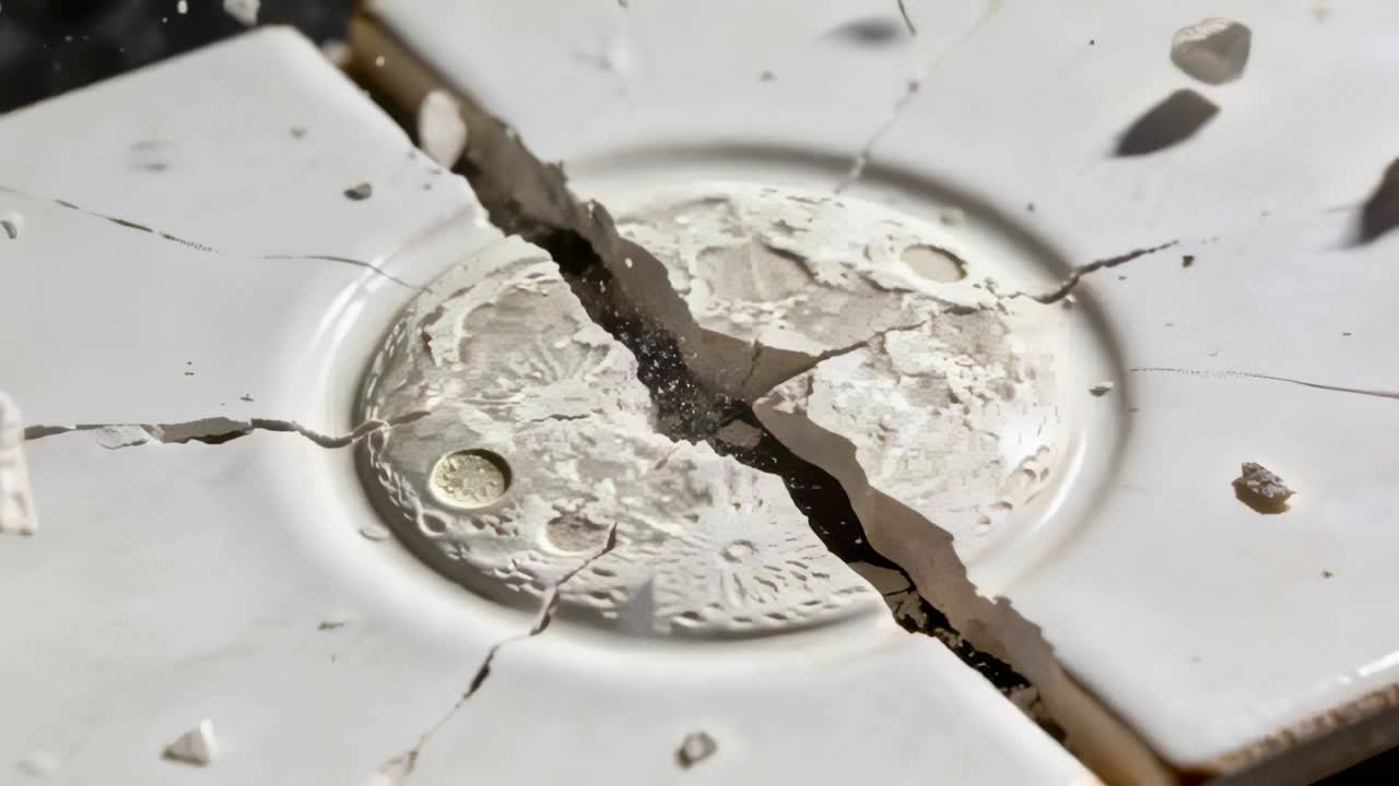 Hairline fissure starting ceramic medallion splitting on tile from expanding crack, ejecting shards
