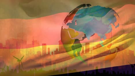 animation of moving flag of germany over globe and cityscape