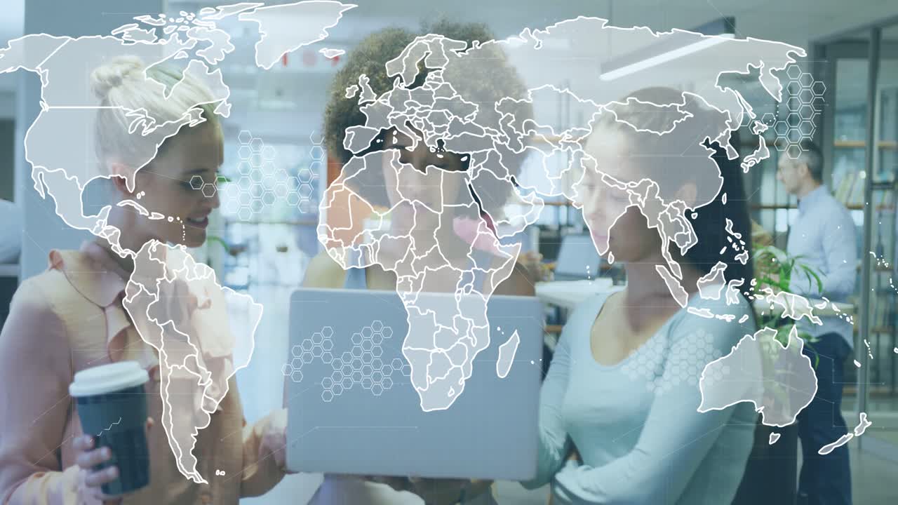Vertical video: 3 women in office, center holding laptop initiating map overlay showing global data