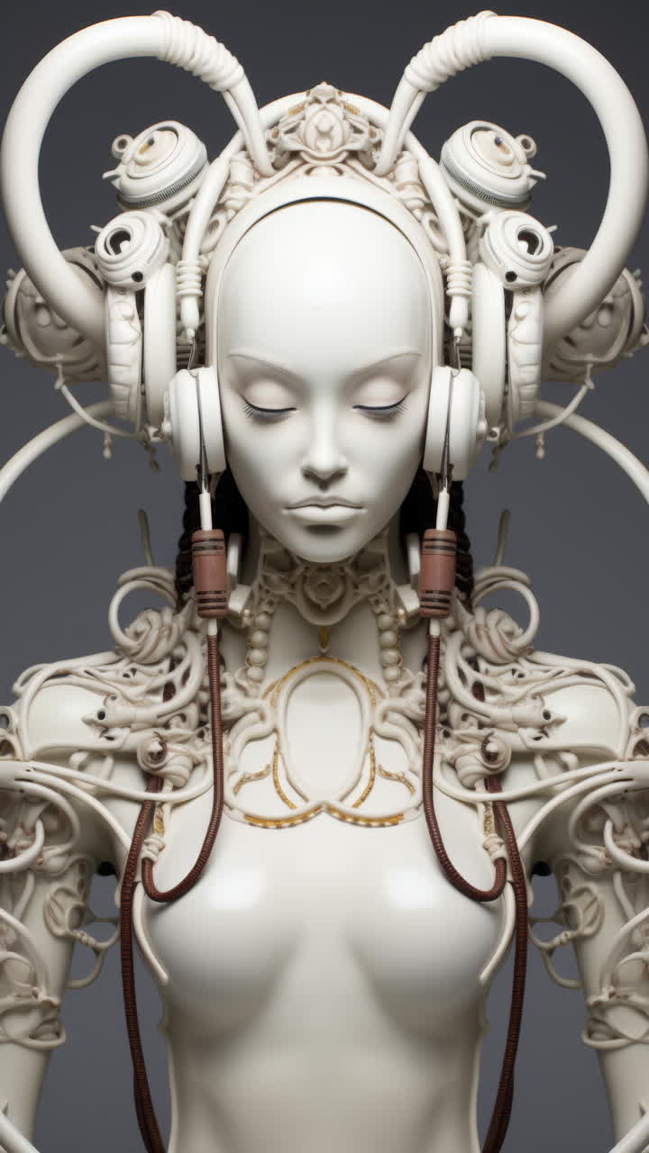 muñecas estatuas femeninas de porcelana con altavoces de audio y auriculares hechos con ai