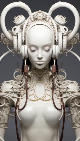 muñecas estatuas femeninas de porcelana con altavoces de audio y auriculares hechos con ai