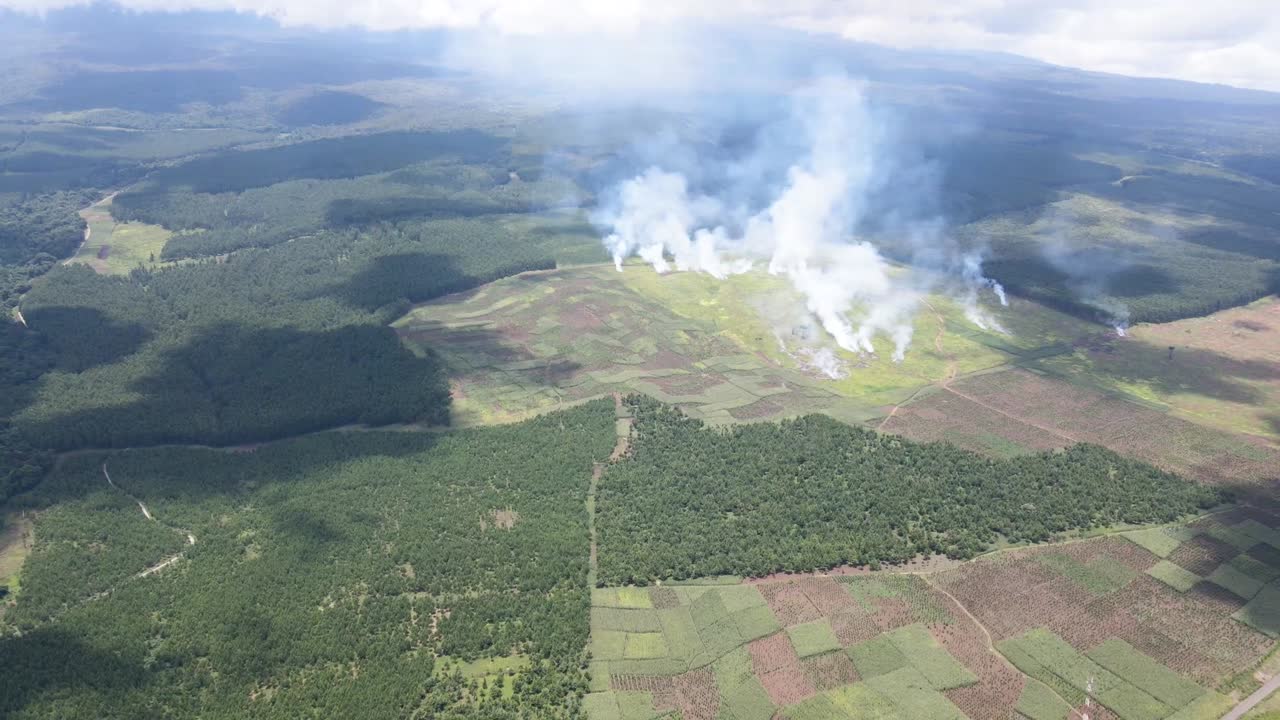 Aerial view Loitokitok forest bush fire. Kilimanjaro drone view forest bush fire. Amboseli forest on fire. Wildlife fire in Africa