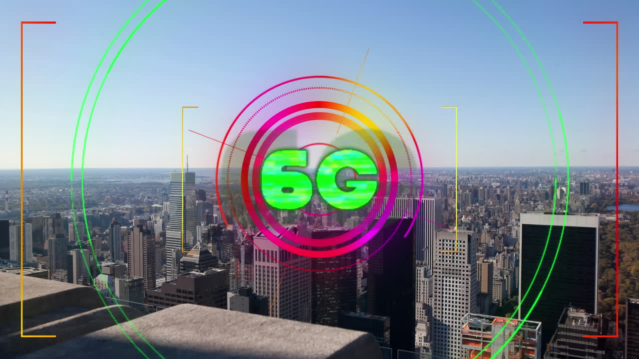 6g 텍스트, 도시 풍경 및 연결의 애니메이션