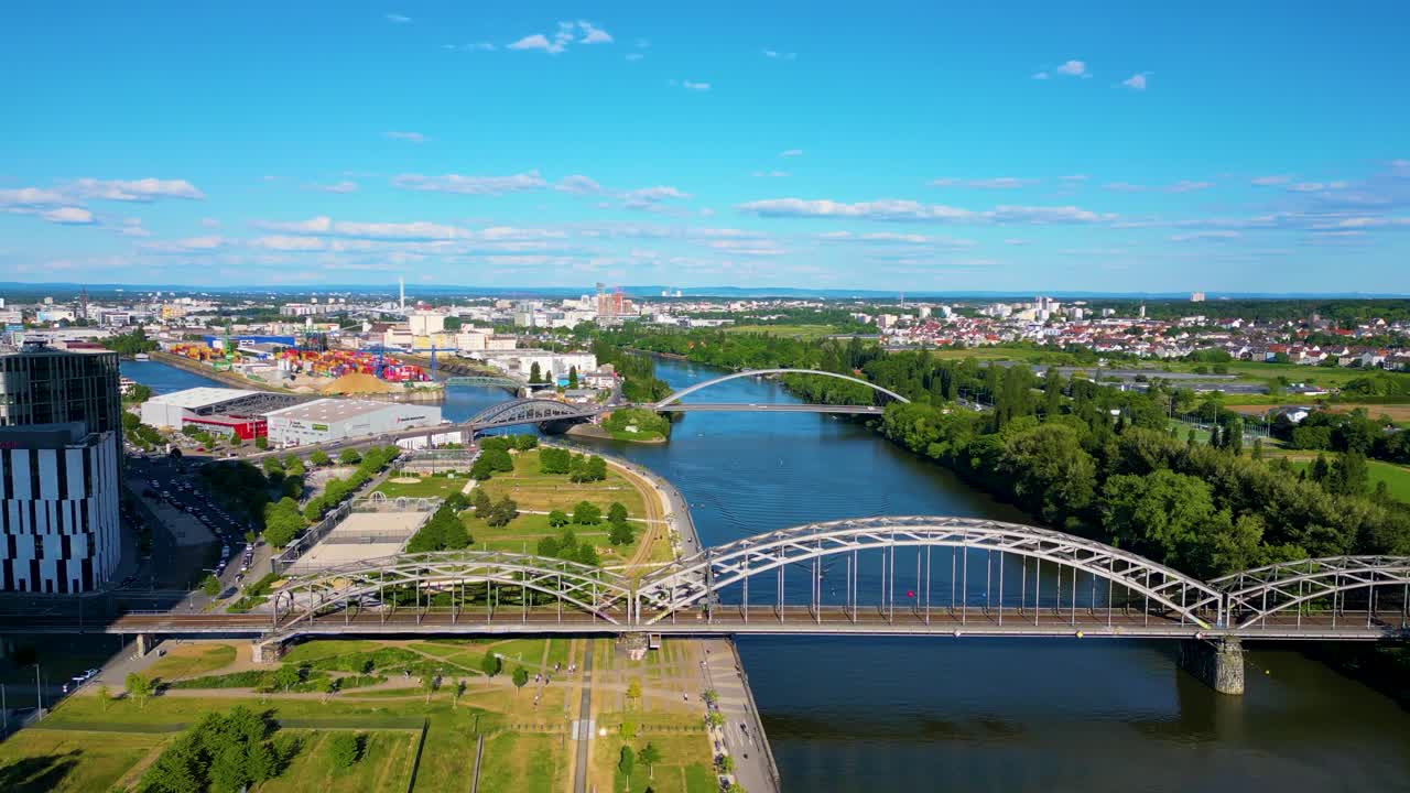 4K Aerial Drone Video of Parks and Buildings Along the Main River in Downtown Frankfurt, Germany