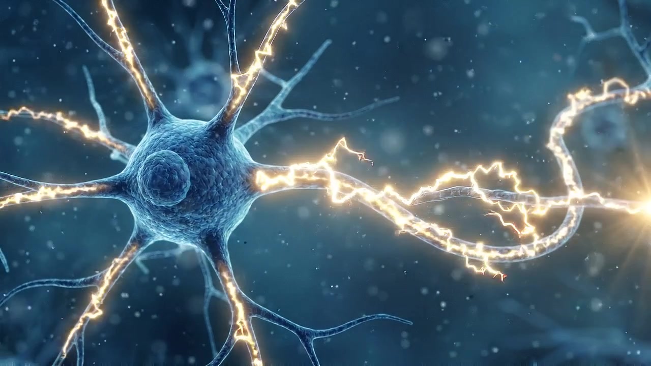 Rete neuronale luminosa con cellule ramificate in un ambiente blu microscopico.