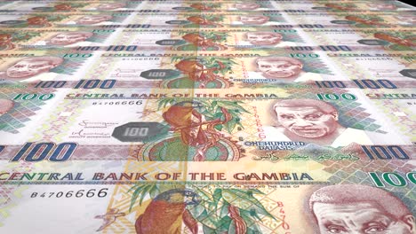 banknotes of one hundred gambian dalasis of gambia rolling, cash money, loop