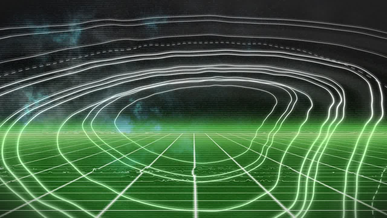 Pressing play causing neon grid pulsing, arcs shifting, scanline noise, evoking retro sim