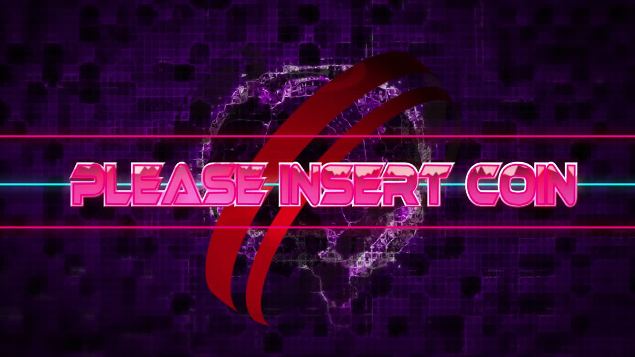 디지털 글로브와 보라색 배경 위에 동전 텍스트 애니메이션을 입하십시오.