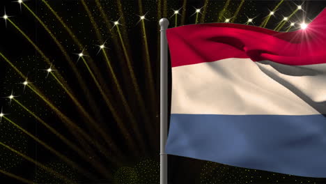 animation of flag of netherlands over fireworks on black background
