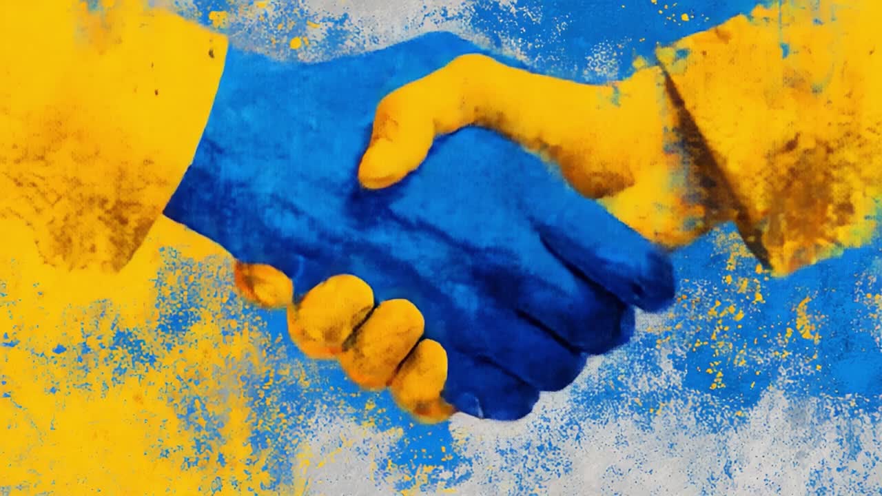 A Symbol of Unity and Cooperation: Two Hands Shaking in Vibrant Blue and Yellow Colors Representing Trust, Friendship, and Collaboration Against a Grungy Background of Abstract Art