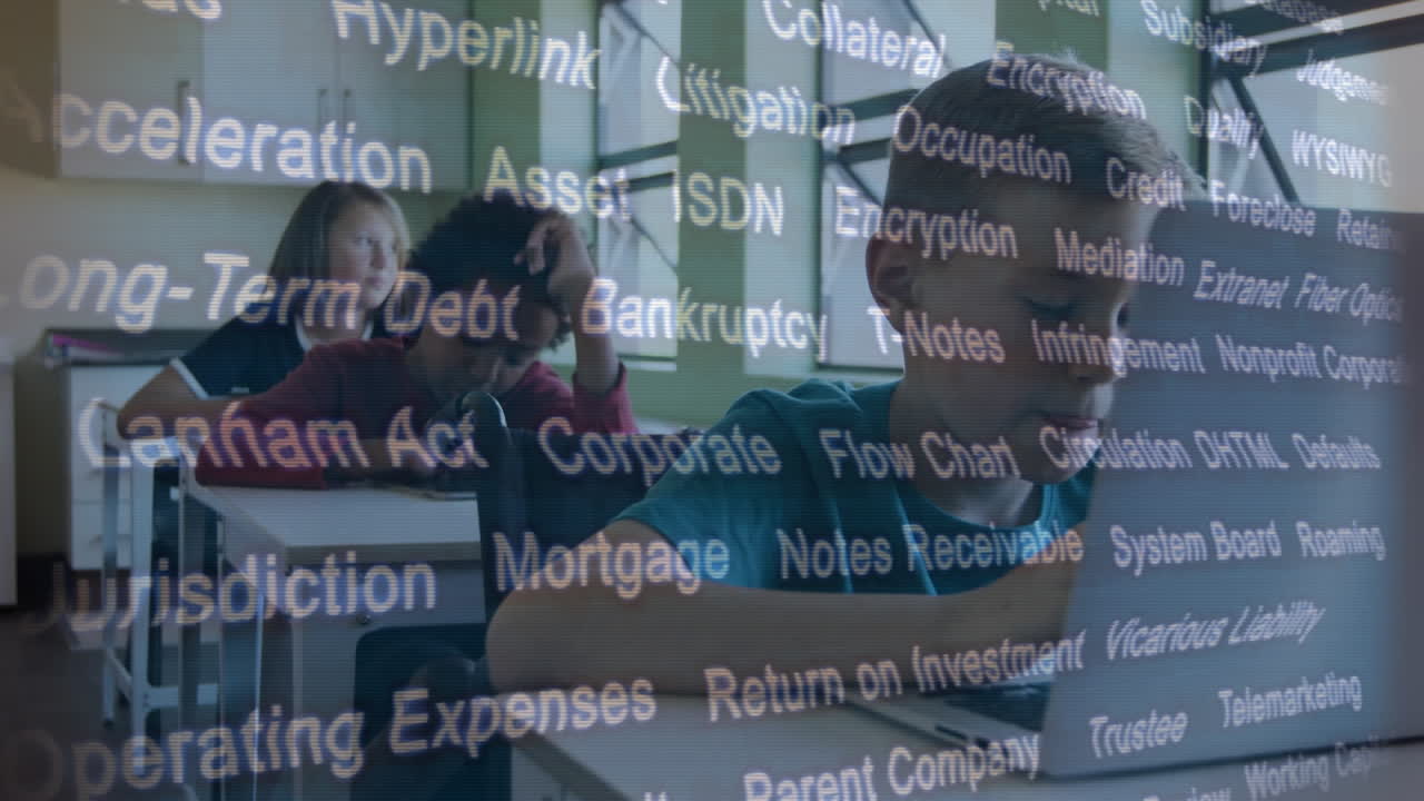 Animation of binary coding over school kids using laptops and studying