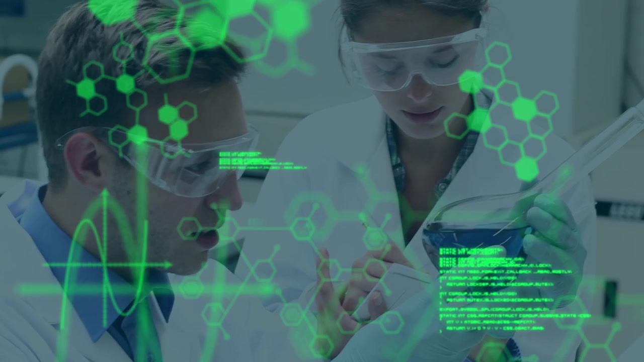 Animation of scientific data over male and female caucasian scientists in laboratory